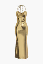 Load image into Gallery viewer, Metallic Gold Tie Halter Cowl Neck Backless Maxi Dress
