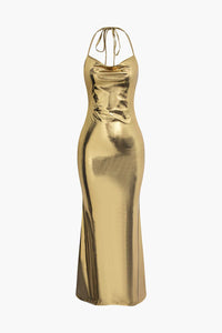 Metallic Gold Tie Halter Cowl Neck Backless Maxi Dress