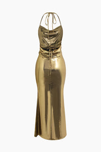 Metallic Gold Tie Halter Cowl Neck Backless Maxi Dress